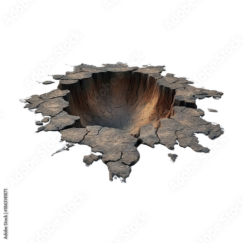 Realistic 3D rendering of a cracked hole in wood texture isolated on a transparent background