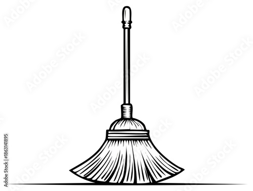 Isolated illustration of a traditional broom with a long handle for sweeping and cleaning tasks