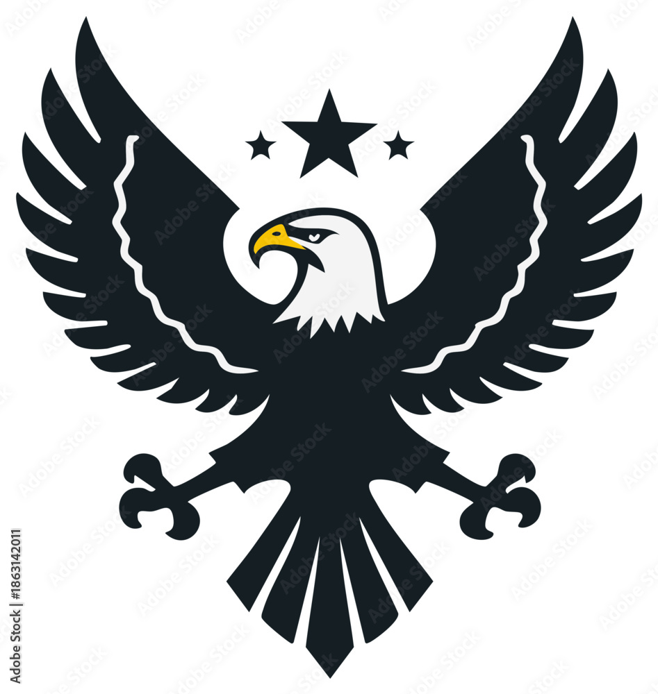 Obraz premium Bold majestic eagle illustration with powerful outstretched wings and three decorative stars, vector icon