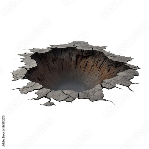 Realistic deep crater with cracked earth on black background isolated on a transparent background