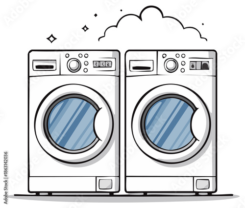 Two clean modern washing machines with sparkling bubbles above representing cleanliness and freshness