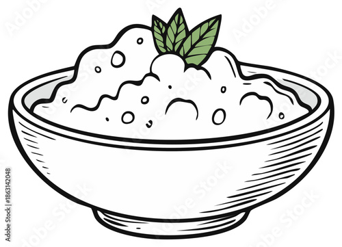 Illustration of a bowl filled with a creamy white dish, garnished with green leaves. Great for recipe books.