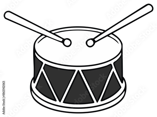 Drum and Drumsticks Illustration, Percussion Instrument Outline, Music and Rhythm Concept