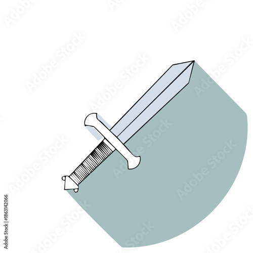 Minimalist warrior's sword icon featuring a long shadow in a flat design illustration