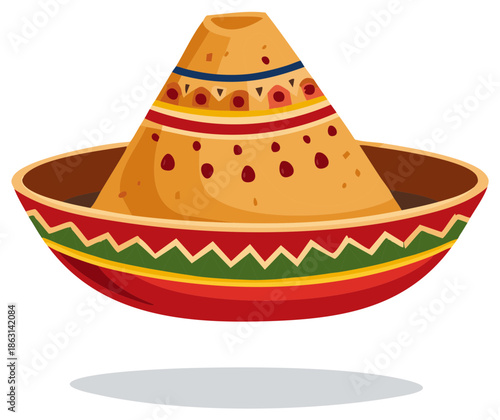 Mexican Sombrero Hat with Geometric Decoration and Shadow, traditional ethnic headwear