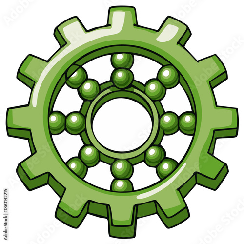 Green gear wheel illustration with internal sphere bearings, technology or industrial concept.