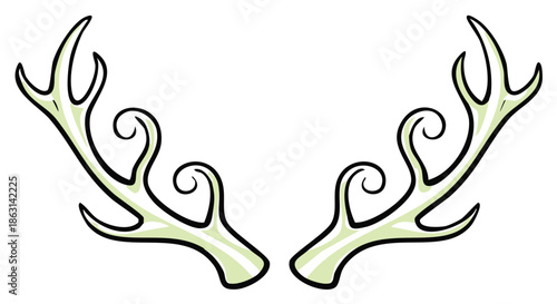 Isolated Faux Antlers, Pale Green with Black Outlines, Cartoon Style