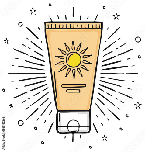 Hand drawn tube of sunscreen with sun symbol radiating light and sparkling elements