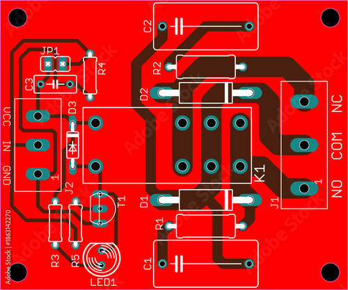 Vector printed circuit board of electronic 
device with components of radio elements, 
conductors and contact pads placed on pcb. 
Engineering drawing. Electric background.