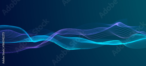 Waves transmit silent codes through a luminous matrix. Particles pulse with digital motion. 3D rendering.