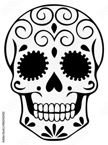 Black and white sugar skull with floral swirls and patterns