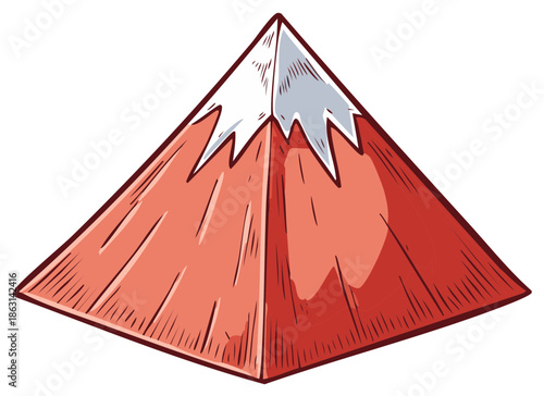 Stylized cartoon illustration of a red mountain with a snow-capped peak