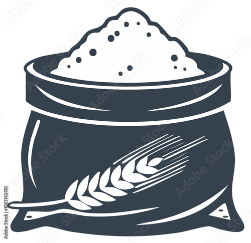 Sack overflowing with white flour next to a detailed wheat stalk illustration
