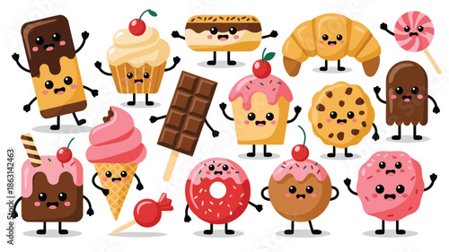 A playful collection of happy cartoon dessert characters with cheerful faces and sweet treats