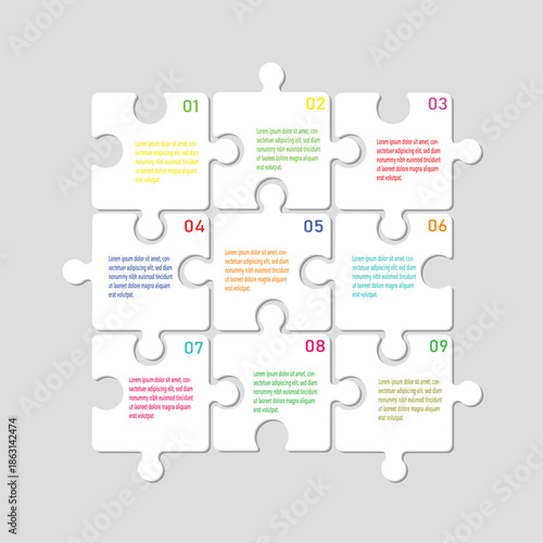 Modern abstract 3D puzzle infographic template with nine steps. Business concept graph template and website design. 