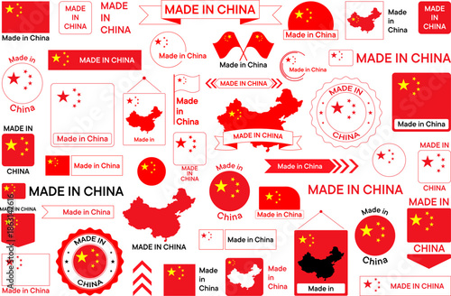 Big collection of made in China logos and labels in national colors and flat style