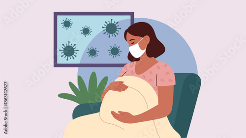 A pregnant woman wearing a face mask sits indoors, holding her belly, concerned about visible virus symbols