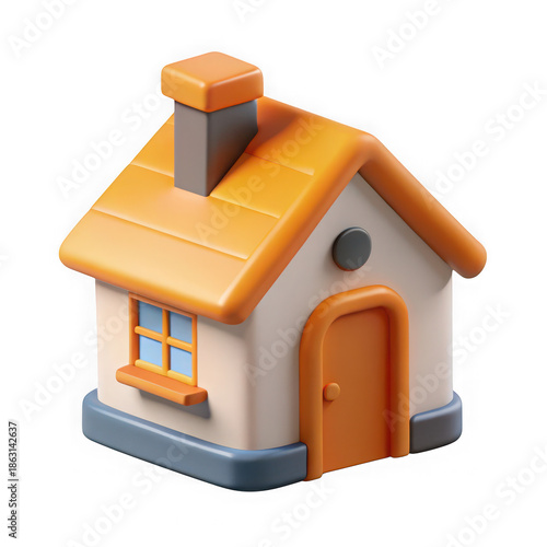 Bright orange cottage with blue window isolated on transparent background