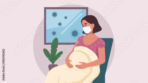 A pregnant woman wearing a mask sits indoors, holding her belly, with virus visuals through a window