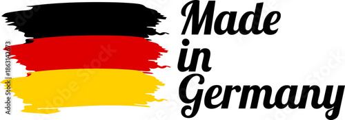Made in Germany label with national colors and a stroke design on a plain background