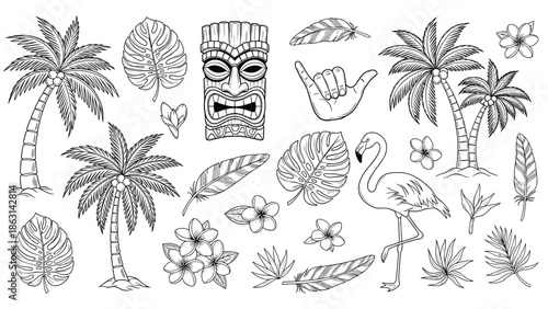 Tropical island themed illustration collection features palm trees, tiki masks, exotic leaves, hibiscus flowers, a pink flamingo, and shaka hand signs.