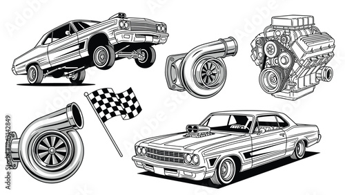 Muscle car enthusiast illustration set features classic high-performance vehicles, a powerful engine block, turbochargers, and a checkered racing flag.
