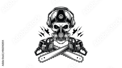 Intimidating lumberjack skull logo features a skeleton head wearing a gas mask and ear protection positioned above crossed chainsaws for a rugged look.