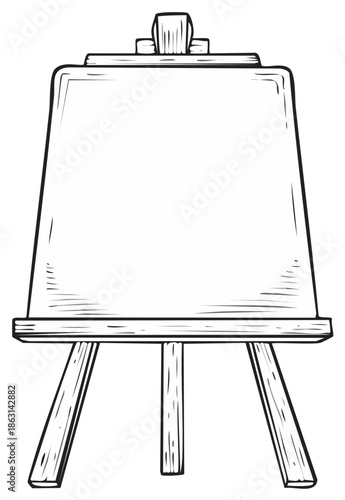 Sketch of a wooden artist easel with a blank canvas for painting or presentation line art illustration