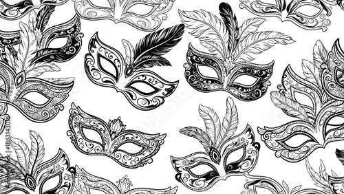 Elegant masquerade mask seamless pattern features intricate lace details and feathers in a sophisticated black and white decorative background design.