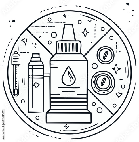 Vaping equipment illustration with e-liquid bottle, mod, and coils in a circular emblem