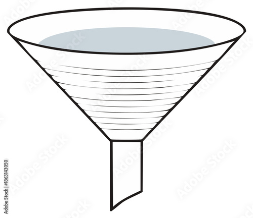 Stylized outline illustration of a funnel containing liquid, symbolizing filtration, data flow, or a conceptual process