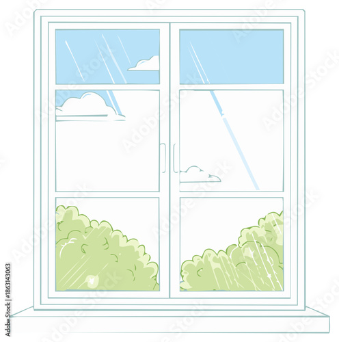 Illustration of a window with a view of sky and trees outside