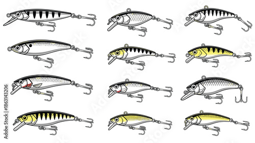 Detailed collection of diverse fishing lures shows various shapes, sizes, and colors of artificial bait used for sport fishing in fresh and salt water.
