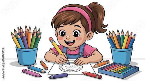 A smiling small girl sits at a table creating a picture with a purple pencil, surrounded by various art supplies