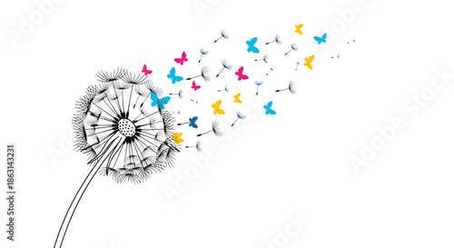 Creative illustration of a dandelion blowing in the wind with seeds magically transforming into a swarm of colorful butterflies.
