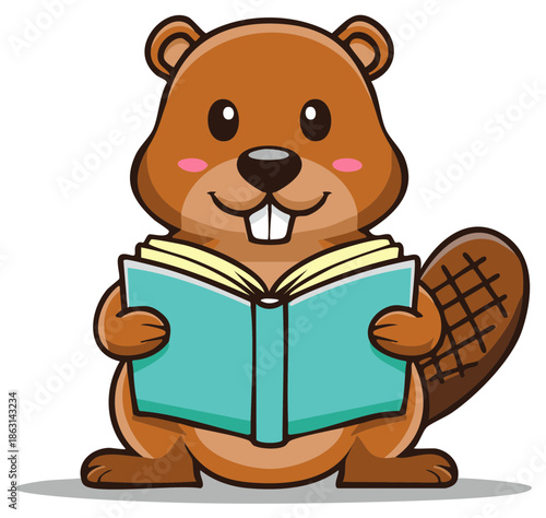 Smiling cartoon beaver character holding an open book studying learning education symbol