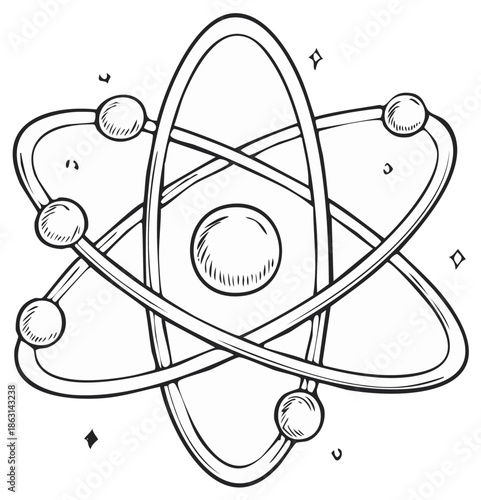 Hand drawn atom icon scientific symbol with orbiting electrons and nucleus illustration