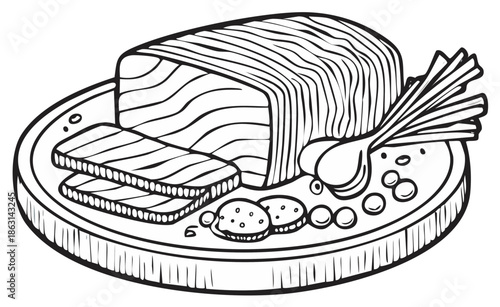 Drawn Food Illustration: Salmon, Sliced, Served on Plate, Vegetables, Sketch