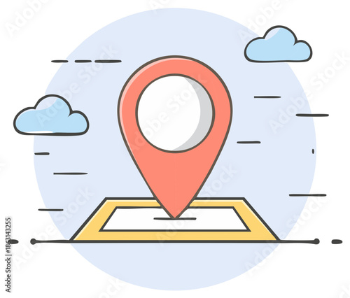Abstract location pin marker concept with clouds and map elements