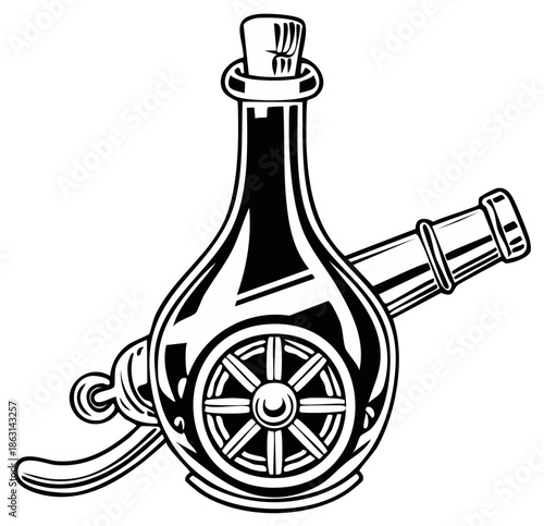 Antique Vessel and Cannon Vector Graphic Black and White