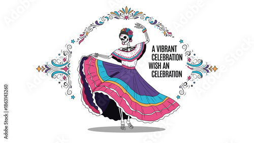 Vibrant Day of the Dead celebration illustration features a female skeleton dancing in a colorful traditional Mexican dress within an ornate frame.