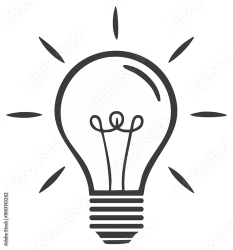 Hand drawn light bulb outline illuminating with radiating light rays for idea and inspiration concept