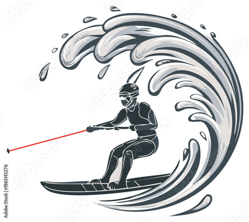Water sports vector illustration, water skiing design, stylized waves, man on ski, wave design element for watersport emblem