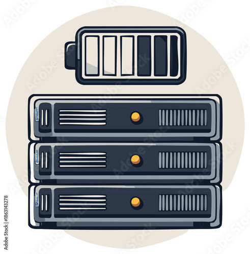 Data center server stack with battery backup icon cartoon vector illustration.