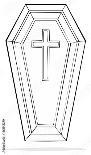 Stylized line art illustration of a traditional coffin or casket adorned with a prominent Christian cross symbol.