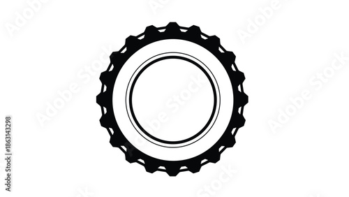 Symmetrical black and white icon of a bottle cap bottom view displays the circular seal area and the distinct crimped metal perimeter.