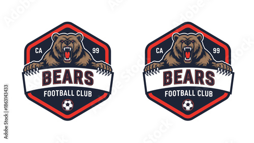 Powerful bears football club logo features a roaring grizzly bear mascot over a shield with a soccer ball and established year text.