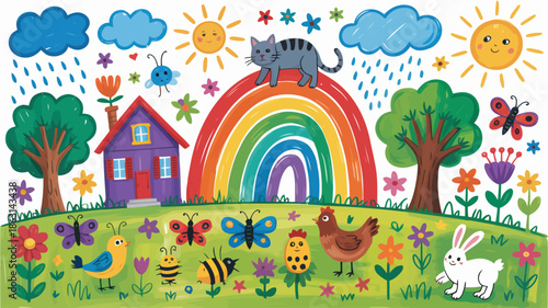 A vibrant childrens drawing depicts a cheerful landscape with animals, a house, rainbow, and sun