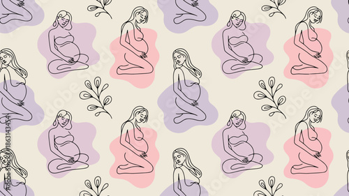 A serene repeating pattern featuring pregnant women in various poses surrounded by soft colored forms and plants