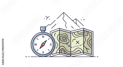 Compass and map illustration with mountains in minimalist style  